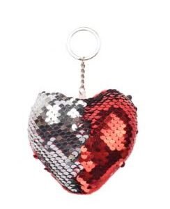 Sequin heart shaped keychain-Silver/Red
