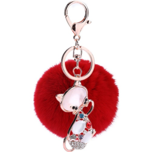 Cat Pompom Keychain Ring (Red)