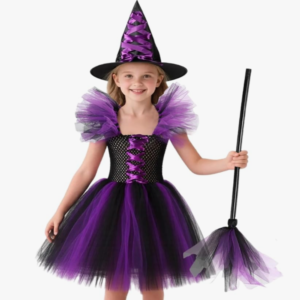 Girls Witch Costume Cute Cosplay-Purple Costumes with Hat Broom
